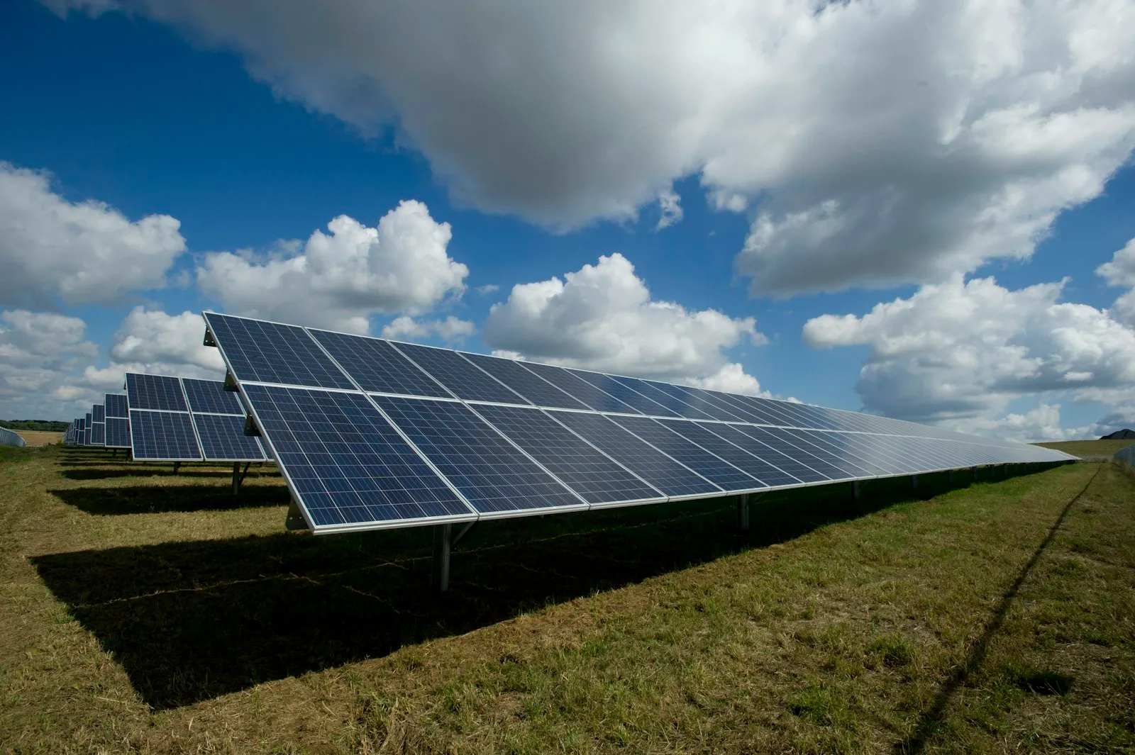 Solar panels in a field under a blue sky