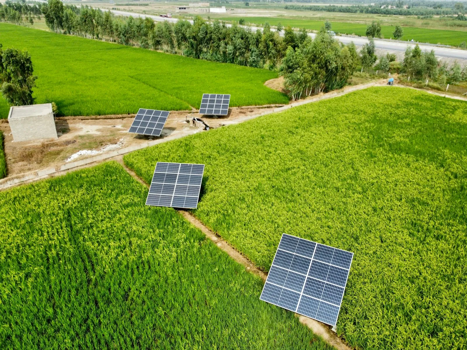 Aerial view of solar panels among green fields
